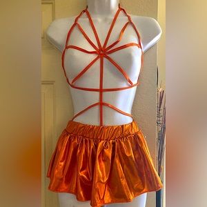 Rave/exotic dancer attire. O/S. Metallic orange. Two pieces.